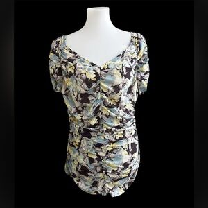 St. John Couture Floral Short Sleeve Ruched Blouse
